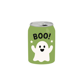 Festive green aluminum beverage can featuring a cute ghost illustration for fun halloween party drink designs