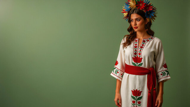 Woman in traditional Ukrainian dress and floral crown. Model posing in white embroidered vyshyvanka on green. Ethnic heritage and folklore concept for cultural identity and travel marketing.