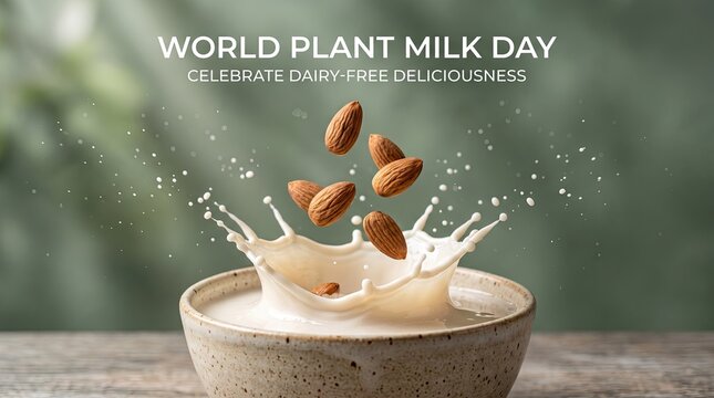 World Plant Milk Day splash of almond milk vector banner