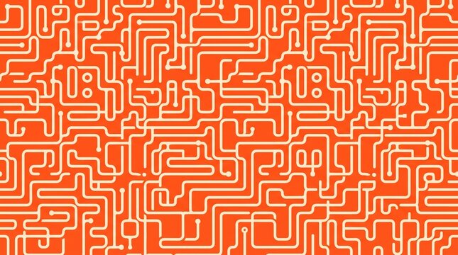 Circuit board abstract pattern features glowing white lines on a vibrant orange background.