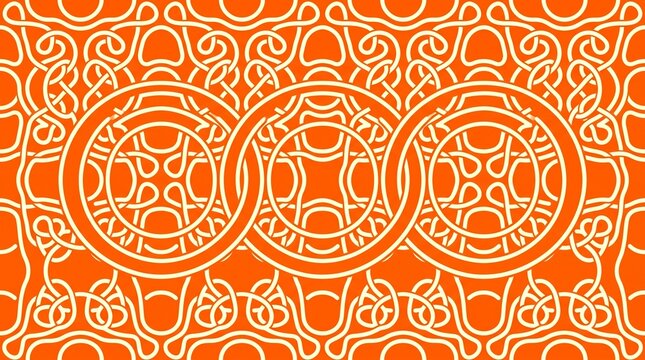 Celtic knot design with interconnected circles stands out on a bright orange background.