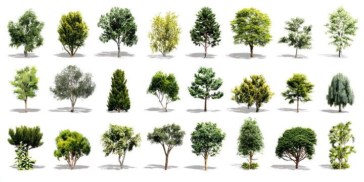 Collection of various tree and shrub species displayed in isolated rows against a white background.