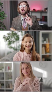 A man in a suit and a woman in a light sweater are talking on a video call in a bright room with bookshelves. They exchange greetings and gestures while sitting at their desks.