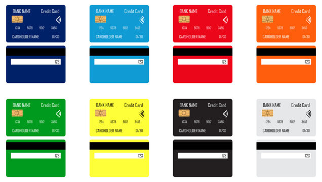 Colored Credit Cards Bundle Flat Vector Set Isolated on Transparent Background
