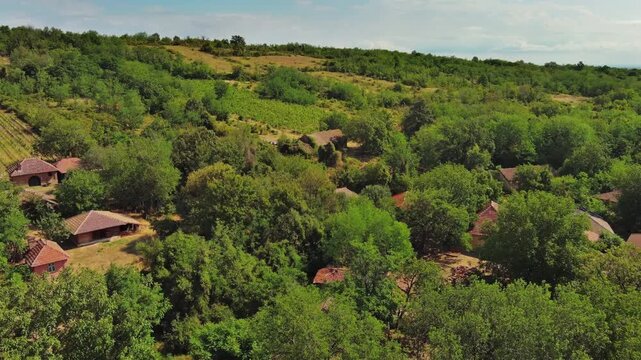 Aerial view of old rustic vintage houses with wine cellars in Rogljevacke pivnice in Negotin region of Serbia, 4k