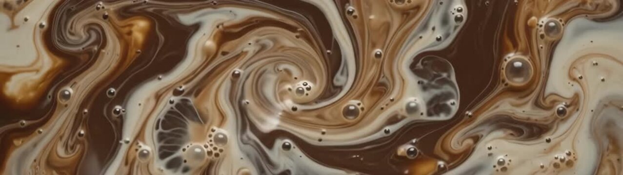 Coffee and cream merging together forming a delicious brown and beige pattern with many small bubbles on the surface.
