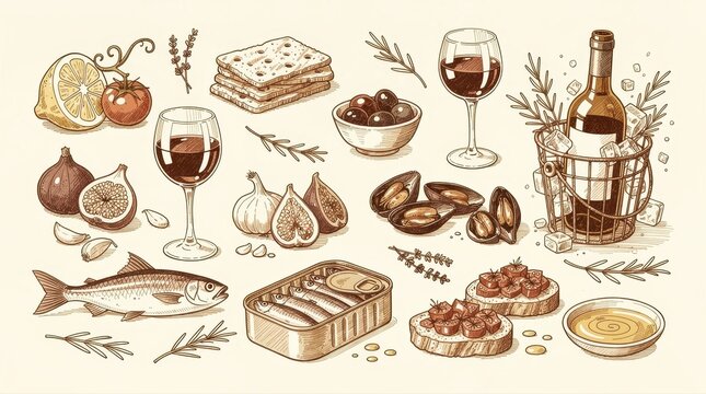 Hand-drawn Mediterranean food and wine elements on a cream background. Vintage sketch including sardines, olives, and seafood. Gourmet culinary concept for menu design and food marketing.