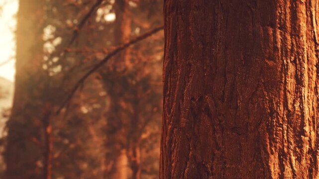 Tall trees stand strong in a forest as warm sunlight filters through the branches. The light creates a soft glow on the bark and ground around the trees.