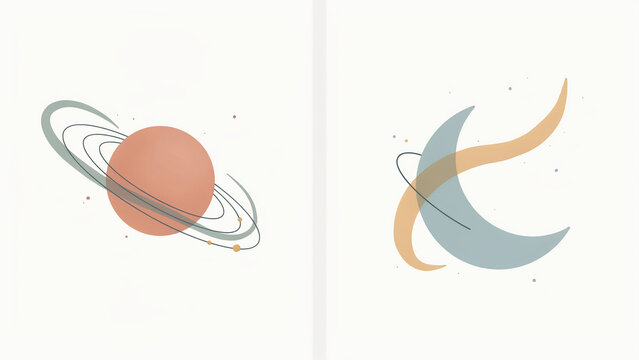 Minimalist planet and crescent moon illustration with abstract orbital lines.