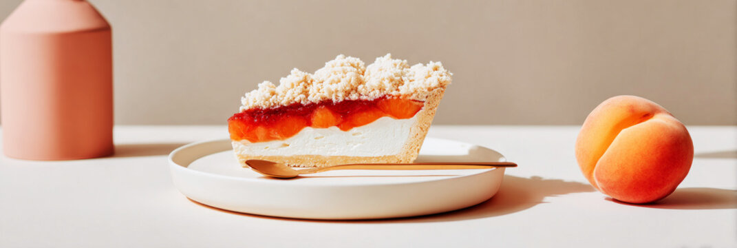 A pie shows layers of peach jam and vanilla cream. The layers are separated by light and airy dough. The pie sits on a surface with soft colors