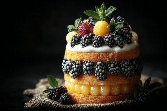 A cake with two visible layers features soft sponge and fresh fruits. Berries and herbs rest on top, adding color and texture. The scene is set in a kitchen with low light