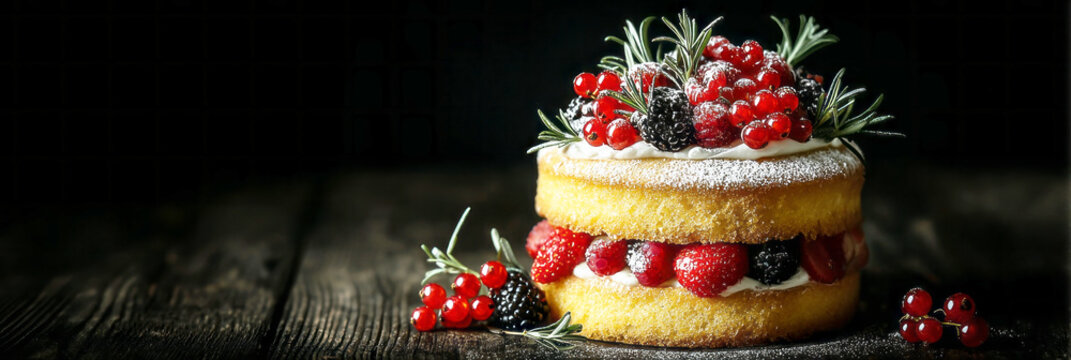 A cake with two visible layers features soft sponge and fresh fruits. Berries and herbs rest on top, adding color and texture. The scene is set in a kitchen with low light