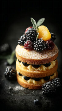 A cake with two visible layers features soft sponge and fresh fruits. Berries and herbs rest on top, adding color and texture. The scene is set in a kitchen with low light