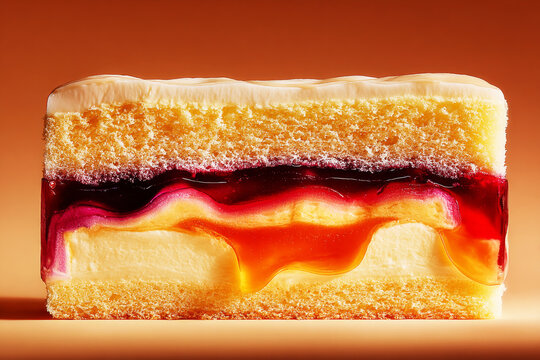 A cake is cut to show its layers of jelly and cream, with the colors clearly visible. The setting is warm, and the dessert looks inviting and tasty