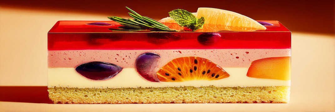 A cake is cut to show its layers of jelly and cream, with the colors clearly visible. The setting is warm, and the dessert looks inviting and tasty