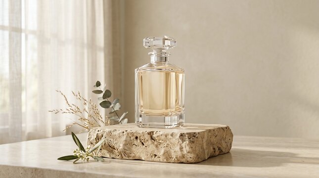 Elegant glass perfume bottle with subtle floral accents on stone pedestal
