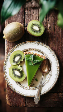 A kiwi and mint pie is placed on a brown plate. It is topped with thin slices of kiwi, cookie pieces, micro herbs, and a green foam sauce. The scene shows a cafe setting with soft lighting