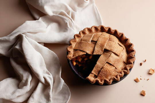 A layered apple pie sits on a round plate with a slice cut out. The dough is visible around the caramelized fruit. The setting features warm light that highlights the textures of the pie