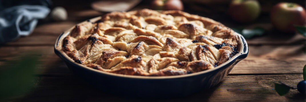 Layered apple pie sits on a wooden table. The pie shows layers of dough and fruit. Soft shadows and highlights appear from natural light