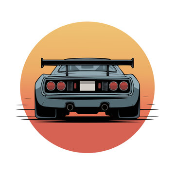 Retro vector illustration of a grey supercar rear view with a large spoiler against a.