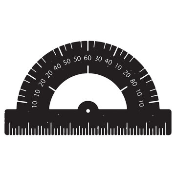 Black silhouette of a semi-circular protractor with a ruler edge for measuring angles and lines on a white background