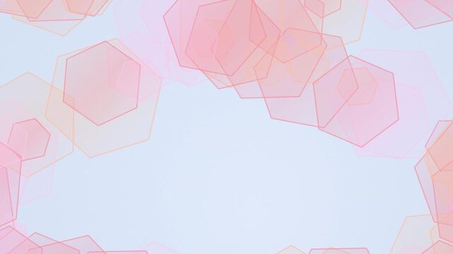 Soft pastel peach and light blue background with floating geometric hexagon wireframes