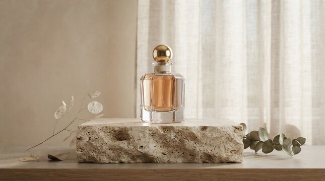 Elegant perfume bottle with golden cap on textured pedestal soft light