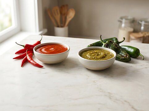 A hot sauce battle featuring bowls of red and green salsa with chili peppers on a kitchen counter