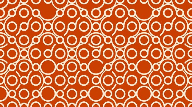 Geometric pattern displaying connected circles and curves over a terracotta orange background forms a retro graphic motif.