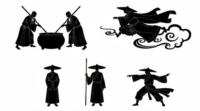 Monk silhouette set performing martial arts and daily tasks. Characters featuring kung fu stances, staff training, and cooking in traditional robes. Zen culture and ancient China concept.