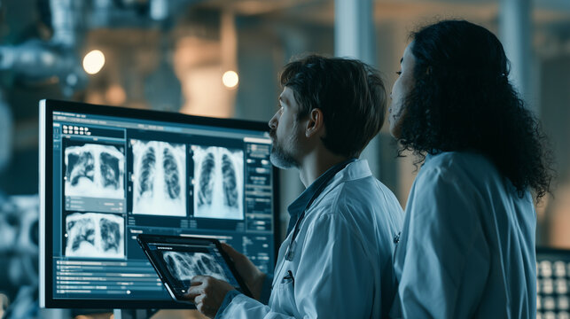 Over the shoulder view of bicultural young doctors in white coats looking at chest X-rays on screens of computer and tablet and using AI software support. Full-body wide establishi