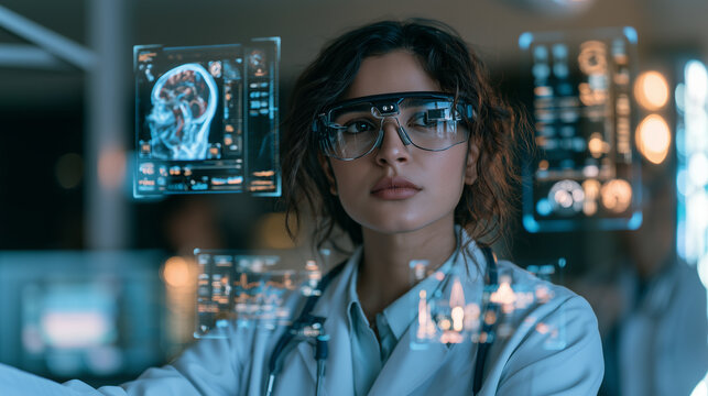 Indian female doctor in a modern hospital wearing futuristic medical smart glasses, surrounded by subtle augmented reality healthcare data, 3D anatomical visualization, patient vit
