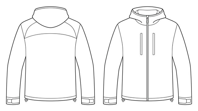 Technical zip-up outdoor jacket with chest pockets front and back view flat technical drawing illustration mock-up template for design and tech packs men fashion CAD.
