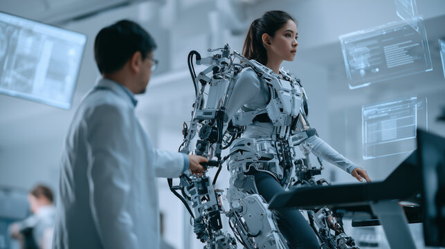 Asian male doctor in white lab coat monitoring an adult woman using a robotic exoskeleton on a treadmill in a high-tech medical clinic, concept of futuristic healthcare and physica