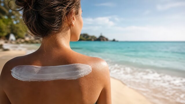 A person is standing on a sunny beach beside the ocean, diligently applying sunscreen to their back while enjoying the beautiful day