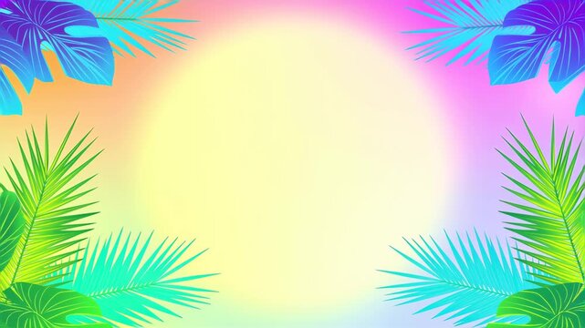 Vibrant tropical background with colorful palm leaves and gradient sun