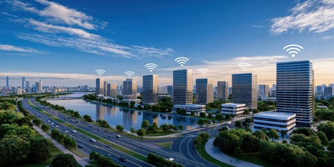 Naklejka premium iot supports ecosystems through network with connectivity devices connected and sensors for technology and commerce