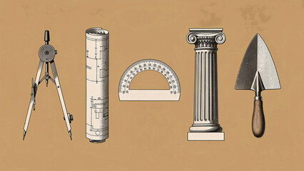 Fototapeta premium Vintage architectural and masonry tool illustrations on parchment. Drafting compass, blueprint, protractor, column, and trowel in etched style. Heritage engineering concept for historical branding.