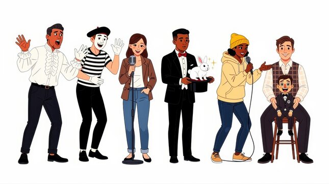 Diverse entertainers including a mime, magician, and singer performing acts. Character set features opera singer and ventriloquist on white. Variety show concept for talent agency marketing.