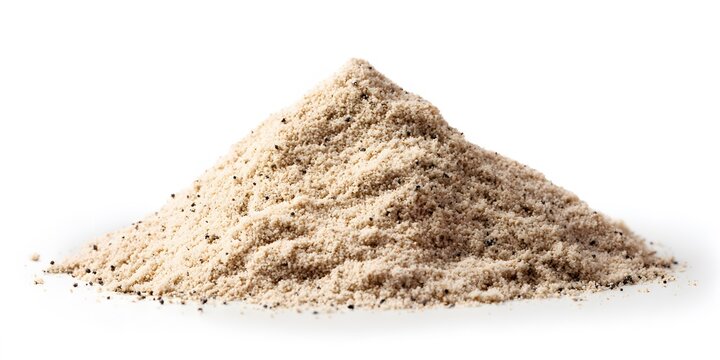 Pile of coarse ground spice sits isolated on white surface