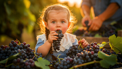 Naklejka premium Young girl eating fresh red grapes in a sunny vineyard during harvest. Child enjoys organic fruit sitting by crates of produce at sunset. Healthy lifestyle and rural agriculture concept.