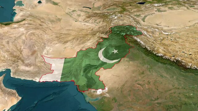 Pakistan flag map animation rotating over detailed realistic earth globe terrain for geopolitical broadcast video footage