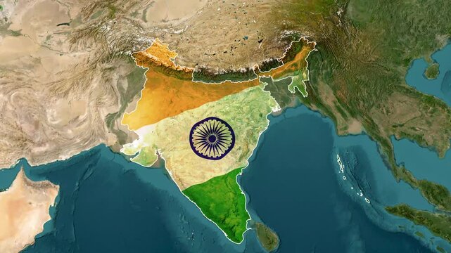 India map overlay with national flag animation rotating over satellite terrain view of south asian continent