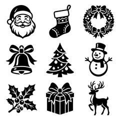 Fototapeta premium Christmas holiday icon collection with santa stocking wreath bell tree snowman gift and reindeer