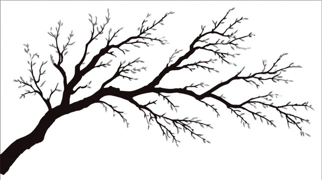 Black silhouette of a bare tree branch with intricate twigs on a white background, silhouette