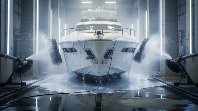 Luxury yacht being cleaned in an automated wash facility. White boat covered in soap foam with industrial water sprayers active. Marine maintenance concept for high-end nautical marketing.
