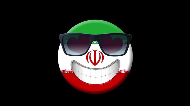 Three cartoon smileys wearing sunglasses featuring iranian flag pattern isolated against black background with spherical cartoon faces set against solid