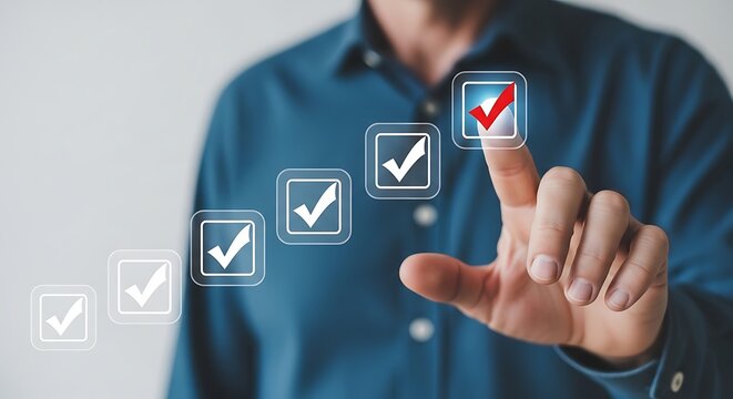 Digital checklist interface with red check mark, businessman selecting virtual task icons, quality control and task management concept