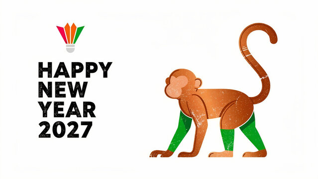 Stylized monkey illustration with Happy New Year 2027 text on white background. Modern graphic design featuring a textured primate and colorful icon. Festive lunar calendar concept for greeting cards.