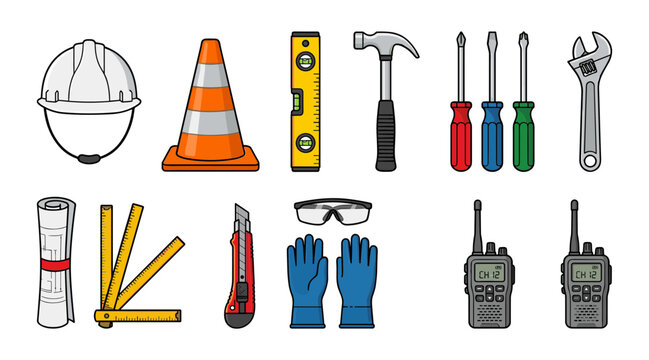 tool, construction, engineering, safety, equipment, hammer, wrench, screwdriver, helmet, cone, level, radio, glove, goggle, blueprint, ruler, knife, repair, build, work, industrial, carpentry, hardwar